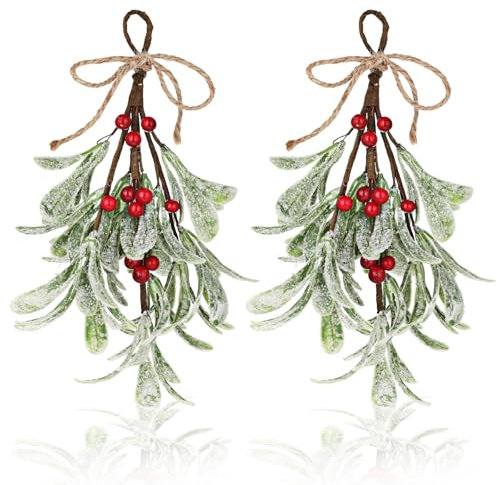 TIESOME Weihnachts Mistelzweig Dekoration, 2 Stück künstlicher Mistelzweig Mistelzweig Hängedekoration Glitzer Weihnachtsbaum Zubehör künstliche trockene Blätter Hängedekoration für Baumtür (Rot)