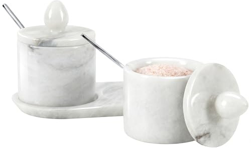 Salero de mármol con tapa y bandeja Contenedor de sal blanco hecho a mano de 10 cm, juego de 2 tarros de especias, recipiente para almacenamiento de especias para encimera, tarros de especias