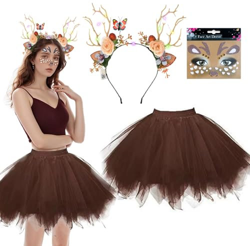 Shengou Rentier Kostüm Damen,Rentier Kostüm Erwachsene,LED Rentier Haarreif und Tüllrock Reh,Tierkostüm Erwachsene für Karneval Halloween Weihnachten Cosplay Kostüm Mottoparty mit Gesichtsaufkleber