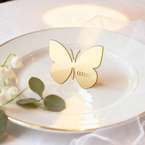 ORIGACH 40 tarjetas de lugar acrílicas con forma de mariposa dorada con espejo de 2.56 x 2.09 pulgadas, etiquetas de nombre en blanco para boda, fiesta de cumpleaños, aniversario, eventos, decoración