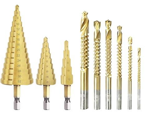 9 Pcs HSS Step Bits, Drill Bit Sets, Step Drill Bit, Cone Cutter Metal Drill Bits, Twist Drill Bit Set for Hard Steel Wood and Plastic