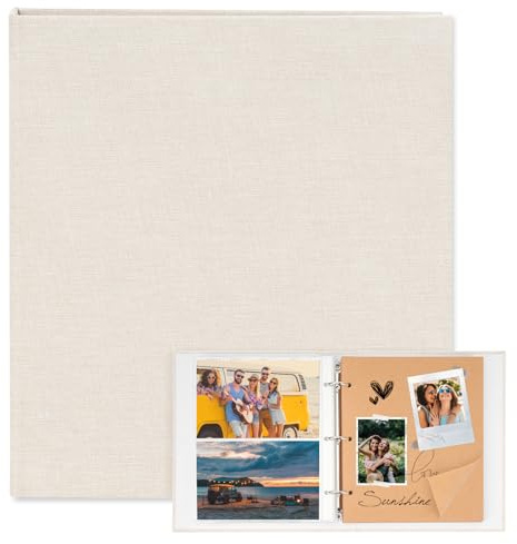 Fotoalbum i linne, gör-det-själv-fotoalbum med fickor, fotoalbum med 200 fickor (10 x 15) och 30 högkvalitativa papper, utrymme för 300 foton, 21 x 23 cm, robust fotoalbum för att ge bort