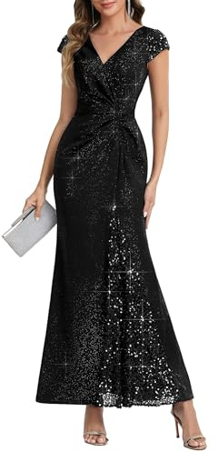 Ever-Pretty Women's Glitter V-Neck Formal Wedding Guest Dress Sequin Stretchy Prom Evening Gown Mother of Bride Dresses 02657 Black US14