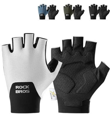 ROCKBROS Guanti da Ciclismo Mezze Dita, Guanti Sportivi con Imbottitura Ammortizzante, Traspiranti ed Elastici, Uomo e Donna, per Bici, Corsa, Palestra, Bianco, L
