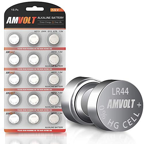 AmVolt- Pack of 15 LR44 Batteries AG13 SR44 357 303 Premium Alkaline Non Rechargeable Button Battery, 1.5 Volt Small Batteries for Watches Clocks & Electronic Devices (15 Pack, 15, Count)