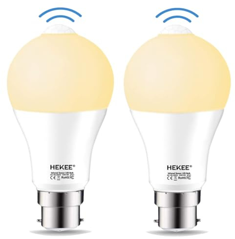 HEKEE PIR rörelsesensor glödlampa 9 W B22, A60 bajonettlock varm vit 2 700 K, motsvarande 60 W glödlampa (2-pack)