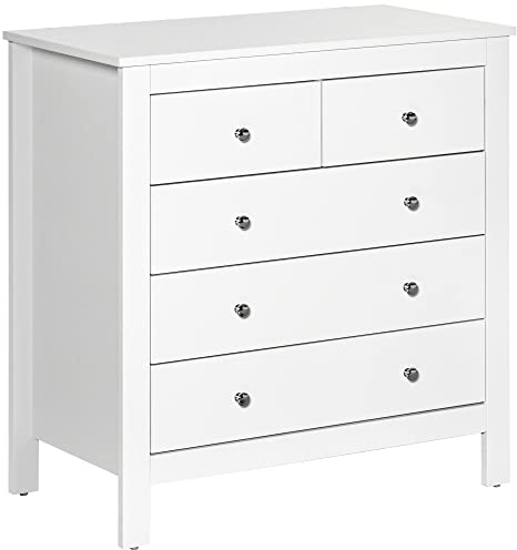 HOMCOM Kommode Beistellschrank mit 5 Schubladen Sideboard mit Anti-Kipp-Schutz, Schubladenkommode für Schlafzimmer, Wohnzimmer, Weiß 79 x 39,5 x 80,5 cm