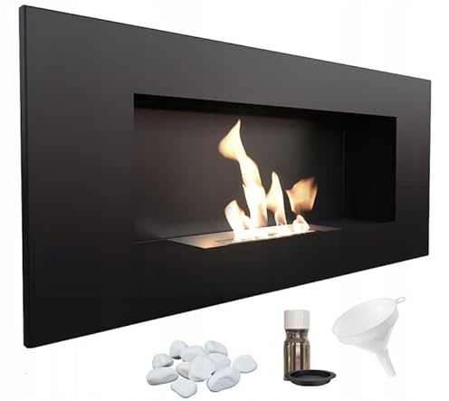 KRATKI Delta 2 bioetanolkamin + stenar + tratt + aromaterapiset | vägg- eller nischinstallation l glasering, bibehållare 0,5 l, TÜV | stål, 40 x 90 cm, svart