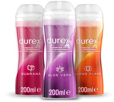 Kit Durex gel Massage 2in1 Aloe vera, Guaranà, Ylang Ylang 200ml x3, Lubrificanti intimi e per massaggi, 600ml