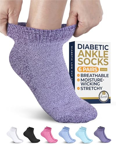 Pembrook® Diabetiska ankelstrumpor för kvinnor och män - 6 par | Lågklippta neuropatistrumpor för kvinnor | släta tåsömmar, Ljustoner och neutrala paket - 6 par, M