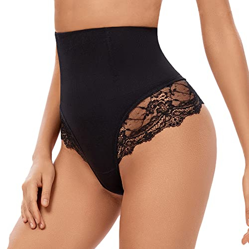 SURE YOU LIKE Damen Bauchweg Unterhose Tanga Miederhose Spitzes Shapewear Miederslip String Untere Bauchkontrolle Shaping Unterwäsche, Schwarz, M