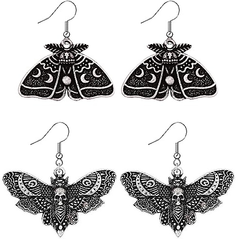 Weenkeey 2 pares de pendientes de polilla gótica, retro, luna, polilla, pendientes punk cráneos, para mujeres y hombres, plata