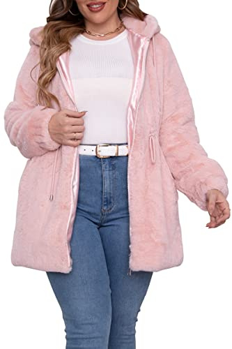 Geschallino Taglie Forti Cappotto da Donna in Pelliccia Sintetica Lungo con Cappuccio Giacca Sherpa Giacca Invernale 2135Plus Rosa 5XL