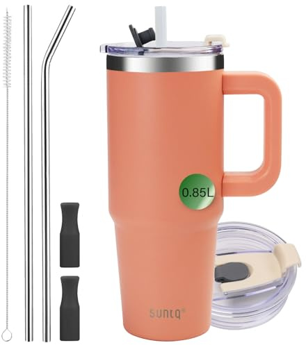 SUNTQ 30oz Tumbler with Handle, Double Wall Vacuum Insulated Water Bottle with Straw and Lid, Stainless Steel Travel Coffee Mug, Reusable Thermal Cup for Beverages, Fit in Cup Holder(Peach Pink)