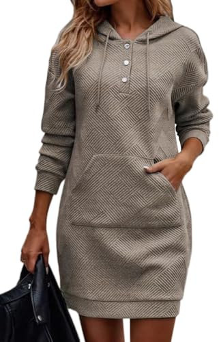 Tomwell Robe Sweat à Capuche Femme Hooded Sport Sweatshirt Robe Manche Longue Automne et Hiver Pull Chaud Décontractée Mini Robe Robe de Sport Tops C Kaki L