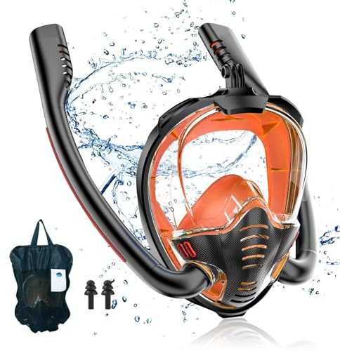 dellyy Snorkelmask för vuxna och barn, dykmask, helmask med snorkling, CO2-säker, snorkelset vuxna, för öppet vatten (orange (S/M)