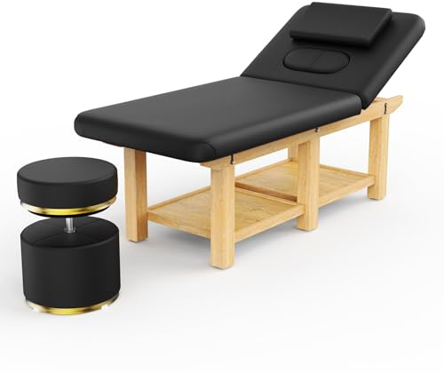 Ufurpie Wooden Massage Table with Round Swivel Ottoman, Professional Spa Massage Set, Adjustable Backrest Heavy-Duty Bed, 360° Adjustable Height Makeup Vanity Stool, for Salon Facial Physical Therapy