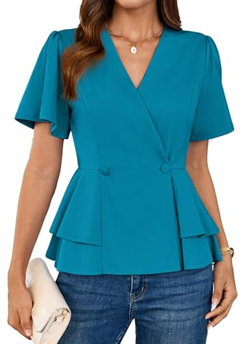 GRACE KARIN Blouses for Women UK Summer Short Sleeve V-Neck Wrap Blouses Black Elegant Business Party Tops L Blue Green-4