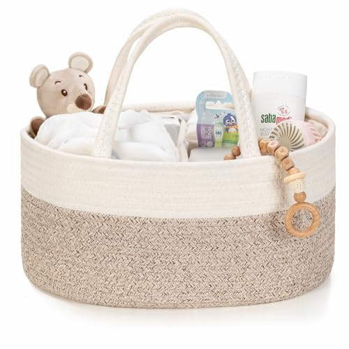Kodomoore Nappy Caddy – Cotton Rope Baby Storage Basket for Newborn Essentials – Portable Organiser for Changing Table, Nursery or Car – Gift Basket for Baby Shower – White/Beige Brown