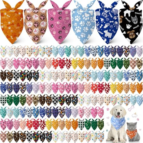 Kacctyen 200 Pcs Dog Bandanas Bulk Dog Paw Printed Pet Scarf Bibs Adjustable Washable Kerchief Daily Holiday Party Pet Costume Accessories Grooming Supplies for Small to Large Cats Dogs