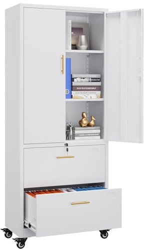Aobabo Metal Storage Cabinet with 2 Drawers and Wheels,Metal Mobile Office File Cabinet with Lockable Doors and Drawer for Home Office,Hanging Files Letter/legal Size,White