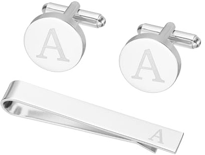 PATIKIL Gemelos Para Hombre, Set De Clip De Corbata Y Gemelos Personalizados Con Inicial En Cobre Clásico Para Padre Esposo Hijo, Letra A (Color Plateado)
