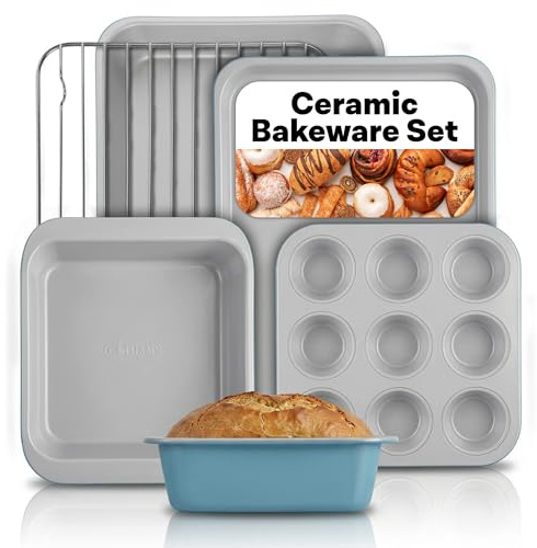Gotham Steel 6 Pc Stackable Baking Pans Set, 70% Space Saving Design, Ceramic Bakeware Sets Non Toxic Made Without PFOA PFOS, with Baking Sheet Tray, Cake & Muffin Pans, Oven & Dishwasher Safe