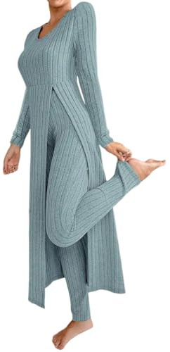 shownicer Femme Ensembles Pantalon 2 Pieces Décontractée Loungewear Manches Longues Tricoté Top et Leggings Ensemble Casual Outfit Set Jogging Tenue De Sport Automne Hiver A Bleu XL