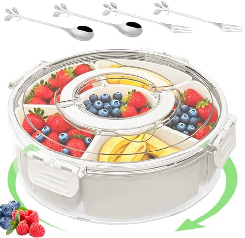 Boîte Collation Ronde Tournante avec Couvercle & Poignée, Bol Maju Snack Rotative Lavable 6 Compartiments, Box Plateau Goûter Alimentaire Divisé Pratique pour Picnic, Fête, Fruits Secs, Bonbons