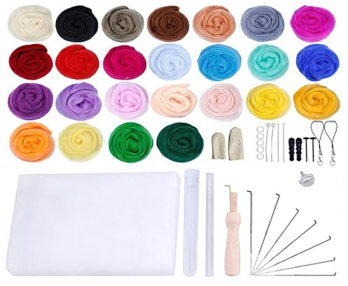 PLUSHCEWT Lot de 25 couleurs de laine à feutrer, 75 g, en laine de conte de fées, en laine de mouton pour feutrage humide et à sec, laine mérinos de qualité supérieure pour feutre, feutrage, kit de