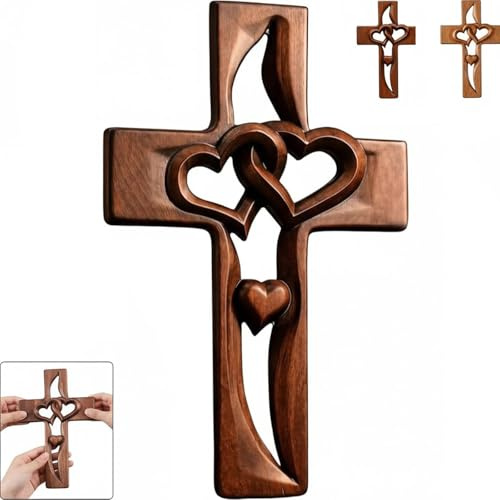 Cruz de madera hecha a mano con corazones entrelazados, cruz de matrimonio tallada a mano, decoración de pared, cruz de madera colgante de estilo vintage para el hogar cristiano, boda o regalo (A)