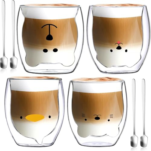 NCKIHRKK Set Tazzine Caffè Vetro, 4 x 250 ml Tazza Caffe Doppia Parete, Tazze Cappuccino Caffe The, Regalo Donna Moglie Amica, Bicchieri Caffe Vetro per Pasqua Natale Festa della Mamma Compleanno