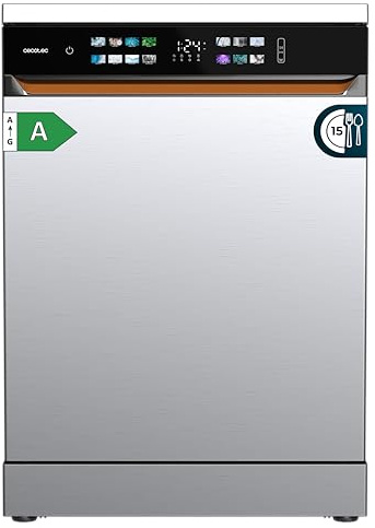 Cecotec Lavavajillas Independiente de 60 cm Bolero Aguazero 6900 Inox. 15 Cubiertos, 8 Programas, Clase A, Motor Inverter Plus, Pantalla FullColor XXL, Auto Open y Turbo Dry+, Dual Zone Wash, Inox