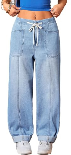 JEShifangjiusu Kvinnors tunna jeans elastisk dragsko lös breda ben denimbyxor Y2k säckiga pojkvän jeans