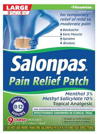 Salonpas Pain Relief Patch, 9 Count Large (Pack of 1), Up to 12 Hours Temporary Relief of Mild to Moderate Pain, Backache, Sore Muscle, Sprains, Bruises