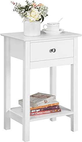 Yaheetech White Bedside Table Wooden Side Table Chic Nightstand Cabinet Storage Unit with Drawers & Shelf