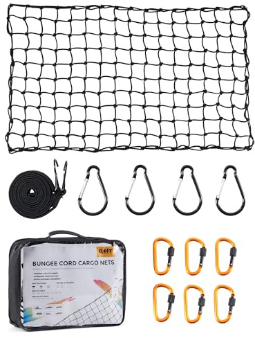 Orion Motor Tech 2'x3' Small Cargo Net with 2x2 Small Mesh, 4x6 Foot Max Size Cargo Net for SUV Roof Rack Cargo Basket Net with Locking Carabiners, Ratchet Strap, Roof Rack Net