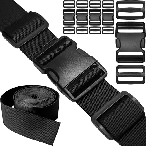 HISUNTEC Buckles Straps Set 1 inch: 10 pack Side Release Plastic Buckle + 12 yard Nylon Webbing Strap + 20 pcs Tri-glide Slide Clip, Heavy Duty Quick Snap Fastener Dual Adjustable No Sewing Required
