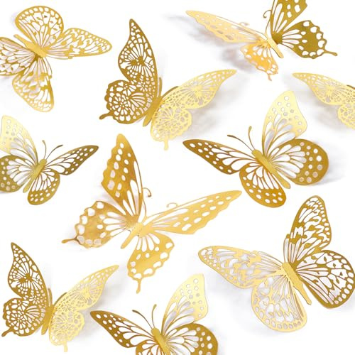 SAOROPEB 3D Butterfly Wall Decor 48 Pcs Gold Butterfly Birthday Decorations
