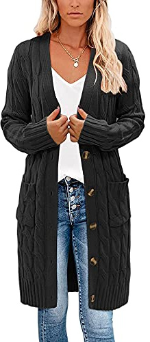 Earnmore Womens Long Cardigan Cable Knit Sweater, Long Sleeve Open Front Button Sweater Coats Outerwear with Pockets for Fall Winter (Black, Large)