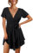 Beluring Damen Kurzarm Kleider Wickelkleid Freizeitkleid Casual Swing Plissee Tunika Kleid Schwarz M