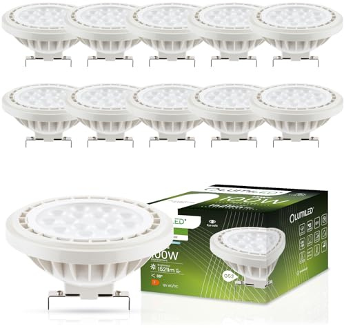 Lumiled Juego de 10 bombillas LED AR111 G53, tensión, 12 V CC/CA, 15 W (equivalente a 100 W), color blanco neutro, 4000 K, ángulo de haz de 38 grados, blanco, 1521 lúmenes, Ra> 80, plástico