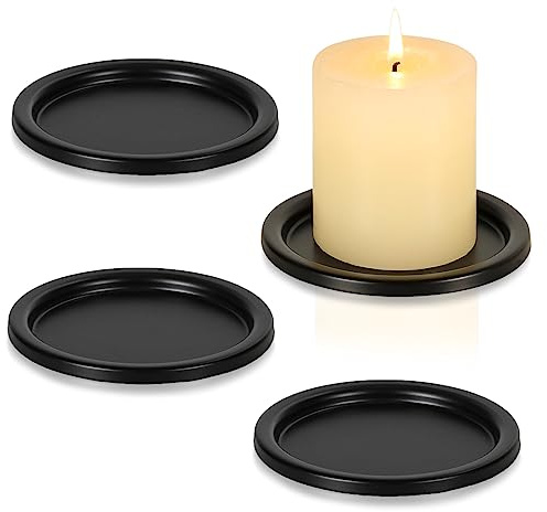 Black Iron Plate Candle Holder- Set of 4 |3.8 D x 0.2 H| Decorative Iron Pillar Candle Plate, Elegant Candle Stand for LED & Wax Candles, Incense Cones, Spa, Weddings (4 pcs)