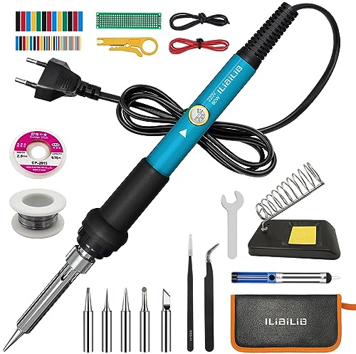 Lötkolben Set, ILIBILIB 60W Einstellbares Temperatur schweißeisen 200-450°C mit 5 austauschbaren Spitzen, Lötdraht, Ständer, Entlötpumpe, Tragetasche für Lötarbeiten und Reparaturen-220V EU Stecker