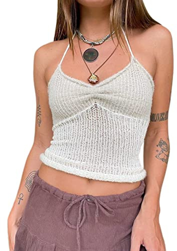 PDYLZWZY Y2K Crochet Knit Tank Tops Halter Hollow Out Crop Cami Top sin mangas Contraste Color Slim Fit Punto Camisola, Blanco, L