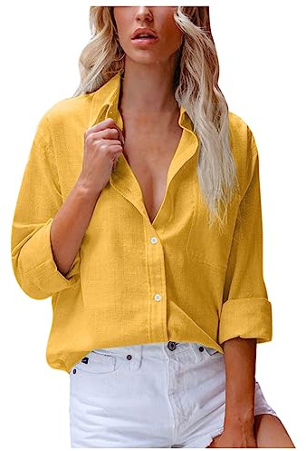 Camisa de lino con cuello en V, blusas de manga larga con bolsillo, blusas de algodón de color liso, blusa de verano cómoda para mujer, amarillo, M