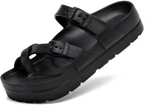 Waysoland Women's Platform Sandals with Arch Support Comfortable Slides Thick Soles Flat Sandals With Adjustable Buckle & Ultra Cushion(Black,8 UK)