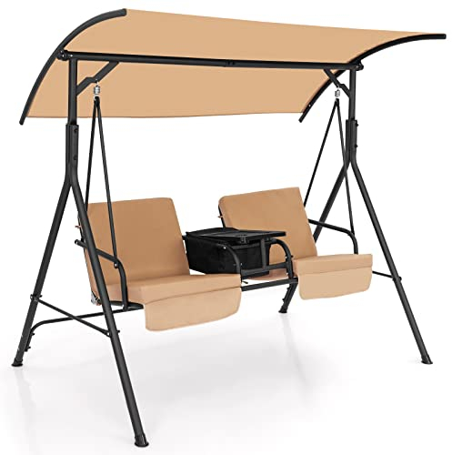 KOMFOTTEU Hollywoodgunga för 2 personer, justerbar verandagunga med baldakin, trädgårdsgunga med 23 l kylväska, bricka och ryggkudde, sittkudde, gungbänk för terrass, trädgård (brun)