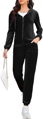 Aottori Tuta Donna Velluto Ciniglia Invernale Da Ginnastica Casual Completa Sportiva Casa Manica Lunga Pigiami Due Pezzi Felpa Con Cappuccio E Pantaloni Nero L