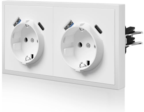 BSEED Enchufe con 20W USB C Carga Rapida,Enchufe de Pared con Garfio,Mate Enchufes Empotrable,Fácil Instalación,C-Series,2 Enchufes con 20W USB y Tipo C,150mm Blanco